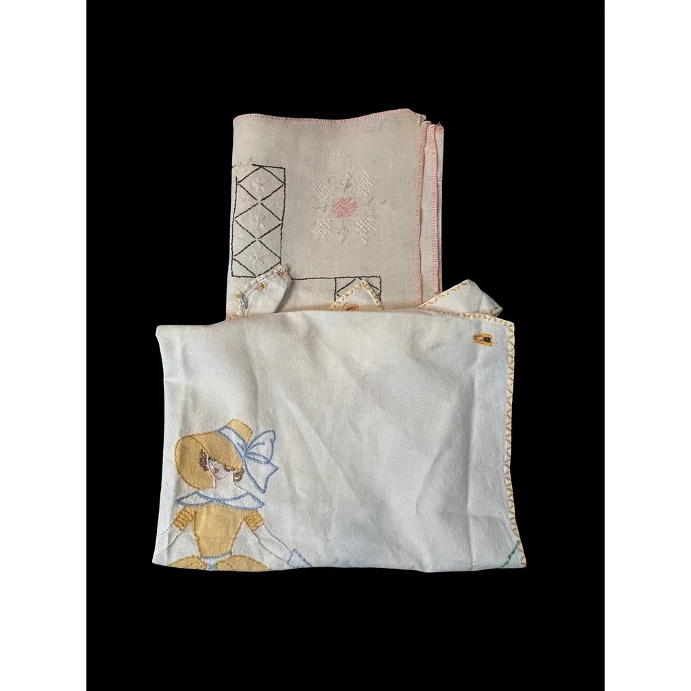 Vintage Southern Belle Hand Embroidered Apron & Linen‎ Set Yellow Blue OS